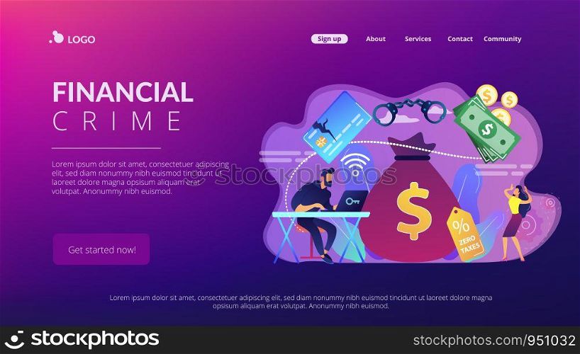 Hacker at laptop commiting financial fraud and stealing huge bag with money. Financial crime, money laundering, black market goods concept. Website vibrant violet landing web page template.. Financial crimes concept landing page.