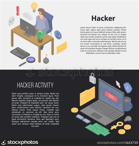 Hacker banner set. Isometric set of hacker vector banner for web design. Hacker banner set, isometric style