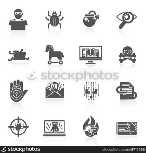 Hacker black icons set with bug virus crack worm spam isolated vector illustration