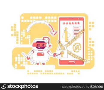 Hacker bot thin line concept vector illustration. Stealing personal account data and content. Bad scraper robot 2D cartoon character for web design. Smartphone password hacking creative idea