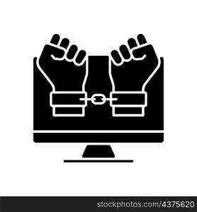Hacker catching black glyph icon. Detect, pursue and catch cybercriminal. Arrested for internet fraud and scam. Computer crash crime. Silhouette symbol on white space. Vector isolated illustration. Hacker catching black glyph icon