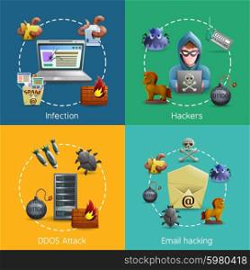 Hacker Cyber Attack Icons Concept. Hacker cyber attack and e-mail spam viruses icons concept vector illustration