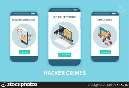Hacker fishing digital crime isometric colored concept with hacker crimes headline and descriptions vector illustration