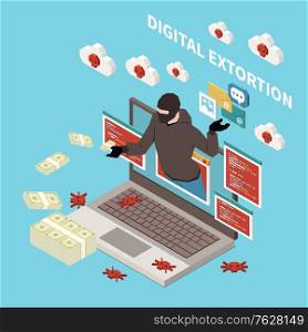 Hacker fishing digital crime isometric concept with digital extortion headline and money stealer vector illustration