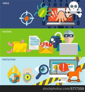 Hacker flat banner set with hacking virus protection isolated vector illustration