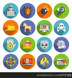 Hacker flat icons set with infected files e-mail spam viruses and bugs isolated vector illustration