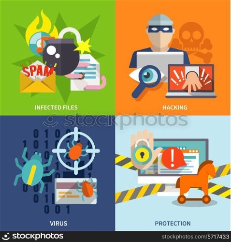 Hacker flat icons set with infected files hacking virus protection isolated vector illustration