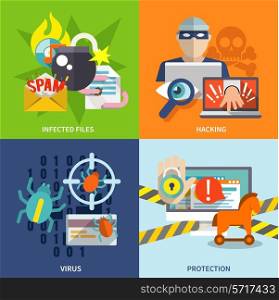 Hacker flat icons set with infected files hacking virus protection isolated vector illustration