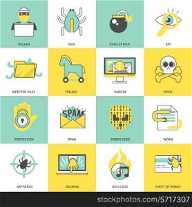 Hacker flat line icons set with bug ddos attack spy infected files isolated vector illustration
