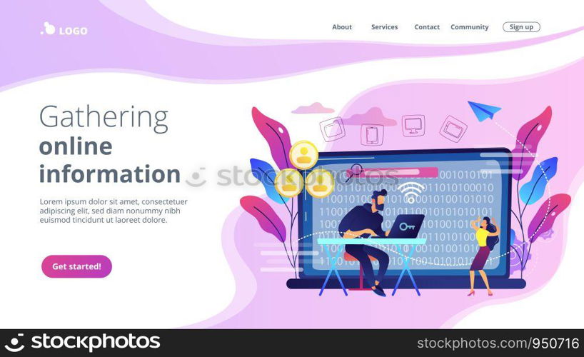 Hacker gathering target individuals sensitive data and making it public. Doxing, gathering online information, hacking exploit result concept. Website vibrant violet landing web page template.. Doxing concept landing page.