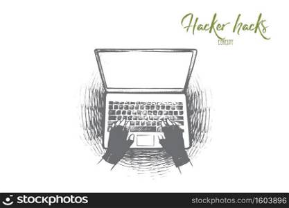 Hacker hack concept. Hand drawn person is ready to start hacking laptop. Network security and privacy crime isolated vector illustration.. Hacker hack concept. Hand drawn isolated vector.