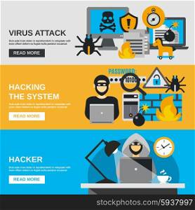 Hacker horizontal banner set with virus attack flat elements isolated vector illustration. Hacker Banner Set