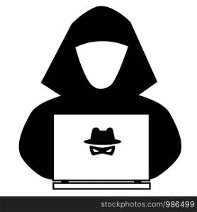 hacker icon on white background. flat style. anonymous spy icon for your web site design, logo, app, UI. spy agent searching on laptop. cyber crime sign.