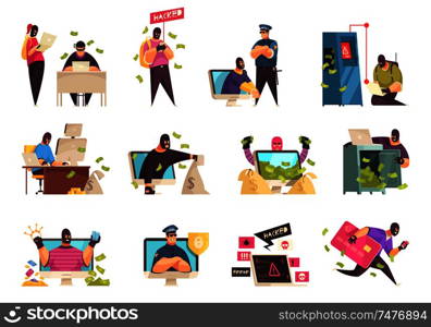 Hacker icon set man in mask on face steal information and money vector illustration