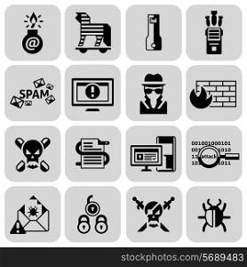 Hacker icons black set with trojan spam bug danger isolated vector illustration