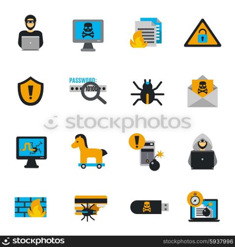 Hacker icons flat set with spam and cyber crimes symbols isolated vector illustration. Hacker Icons Flat Set
