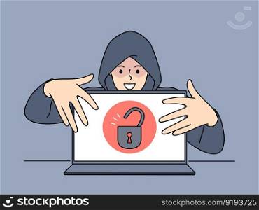 Hacker in hood touching open laptop with padlock symbol on screen steal secure information. Concept of cybersecurity and password and data leakage. Vector illustration. . Hacker in hood steal information from computer 