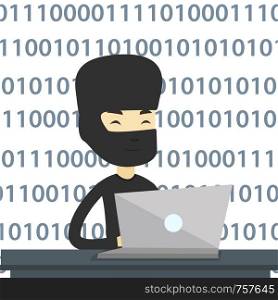 Hacker in mask working on laptop on the background with binary code. Hacker using laptop to steal data and personal identity information. Vector flat design illustration isolated on white background.. Hacker using laptop to steal information.