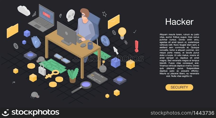 Hacker man concept background. Isometric illustration of hacker man vector concept background for web design. Hacker man concept background, isometric style