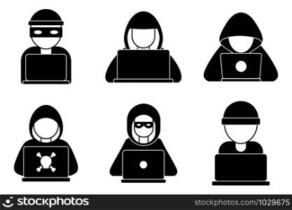 Hacker man icons set. Simple set of hacker man vector icons for web design on white background. Hacker man icons set, simple style