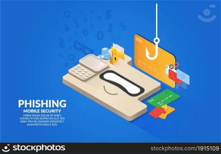 Hacker mask and fishing hook isolated on blue background. Phishing scam, Hacking credit cards, passwords and personal information. Cyber banking account attack and email phishing concept. Vector.