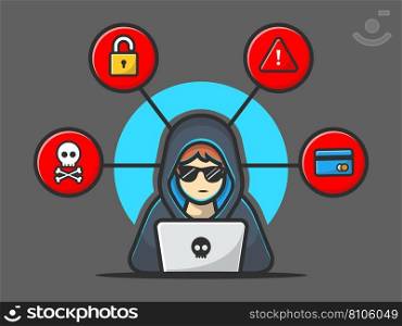 Hacker operating laptop cartoon Royalty Free Vector Image