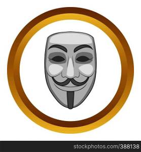 Hacker or anonymous mask vector icon in golden circle, cartoon style isolated on white background. Hacker or anonymous mask vector icon