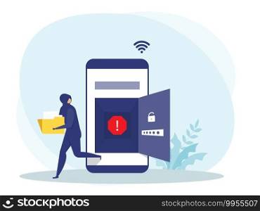 Hacker or Criminal Thief in black steal data or personal identity on mobile concept,