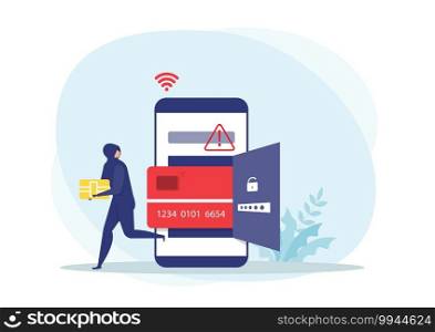  Hacker or Criminal Thief in black steal smart ship from debit or credit card on smart phone data or personal identity concept,