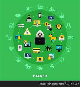 Hacker Round Icons Set. Hacker activity round icons set of firewall trojan horse dangerous mail software infected by worm signs flat cartoon vector illustration