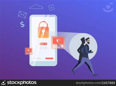 Hacker running from red lock on phone screen. Smartphone with alert notifications. Hacker attack failure concept. Vector illustration can be used for data security, cybercrime, scammer