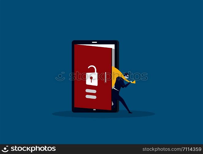 Hacker step out of smart phone screen after his criminal activity crack, spam, stealing money ,account password, personal data