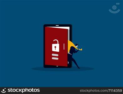 Hacker step out of smart phone screen after his criminal activity crack, spam, stealing money ,account password, personal data