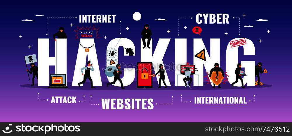 Hacker typography banner with cyber attack symbols flat vector illustration