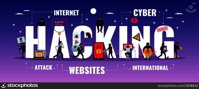 Hacker typography banner with cyber attack symbols flat vector illustration