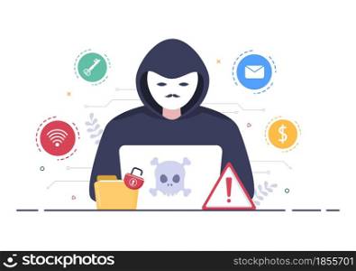 Hacker Using Computer Server to Activity Hacked Database, Network Storage, Social Account, Credit Card or Security. Background Vector Illustration