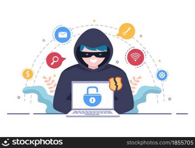 Hacker Using Computer Server to Activity Hacked Database, Network Storage, Social Account, Credit Card or Security. Background Vector Illustration