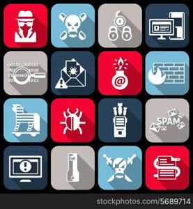 Hacker web protection icons flat set with virus worm crack isolated vector illustration