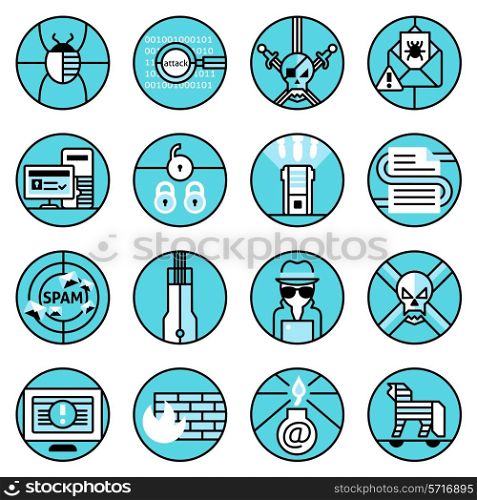 Hacker web security icons blue line set with bug attack skull e-mail virus isolated vector illustration