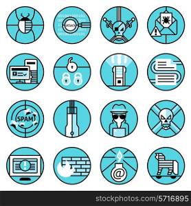 Hacker web security icons blue line set with bug attack skull e-mail virus isolated vector illustration