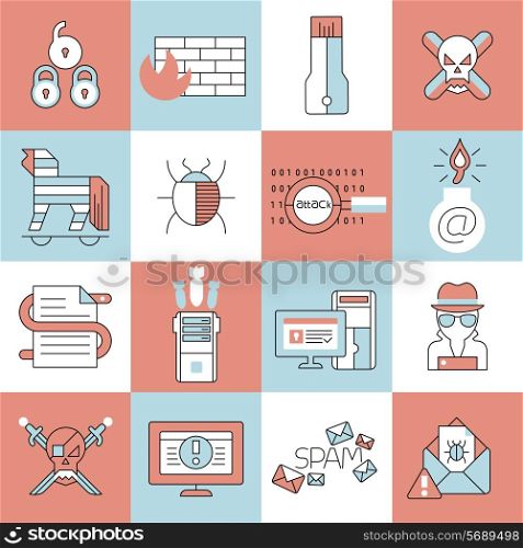 Hacker web security icons flat line set with virus protection elements isolated vector illustration