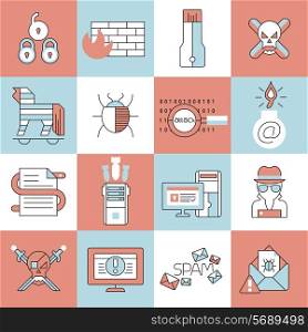 Hacker web security icons flat line set with virus protection elements isolated vector illustration