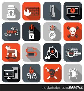 Hacker web security icons flat set with firewall computer spam isolated vector illustration