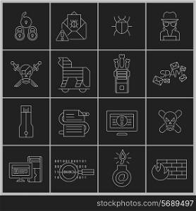 Hacker web security icons outline set with cyber crime elements isolated vector illustration