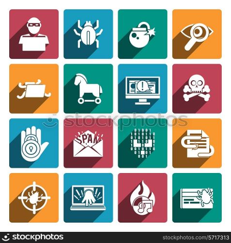 Hacker white flat icons set with spy technologies computer danger and protection isolated vector illustration