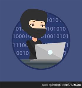Hacker working on laptop on the background with binary code. Hacker using laptop to steal data and personal identity information. Vector flat design illustration in the circle isolated on background.. Hacker using laptop to steal information.