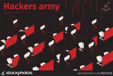 Hackers army isometric background with editable text and human characters of cyber thiefs sitting in rows vector illustration