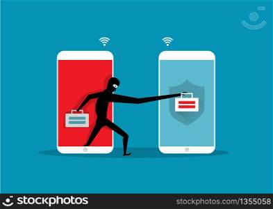 Hackers attack. Cyber thief robbing change password data on smartphone illustrator vector.
