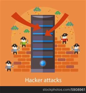 Hackers attaks activity. Computer hacking, internet security concept in flat design. Pirates attacking server in pixel style. For web banners, marketing promotional materials, presentation templates