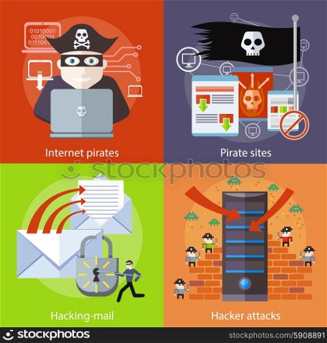 Hackers attaks activity. Hacker activity viruses hacking and e-mail spam. Computer crime in flat design. Pirate attacking laptop computer as internet pirate. Homepage of pirate sites with flag